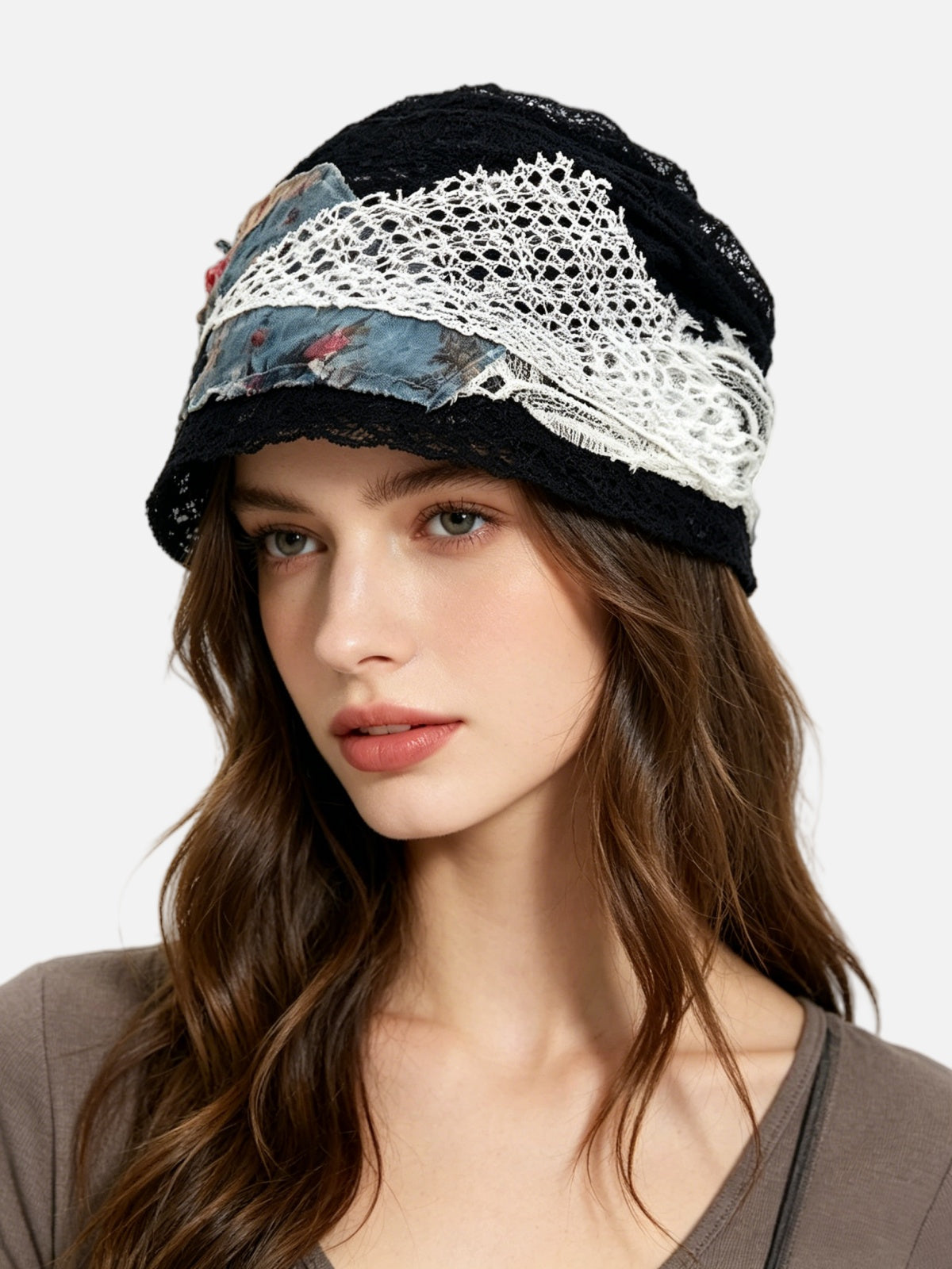 Distressed Mesh Patchwork Slouchy Beanie