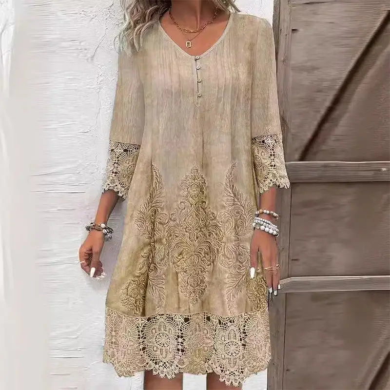 Women's Floral Print Midi Dress | Elegant Structured Summer Dress with Embroidered Accents