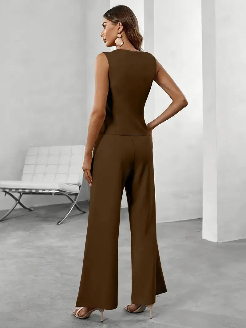 Women's Tailored Pant Suit | Sleek Sleeveless Blazer and Wide-Leg Trousers