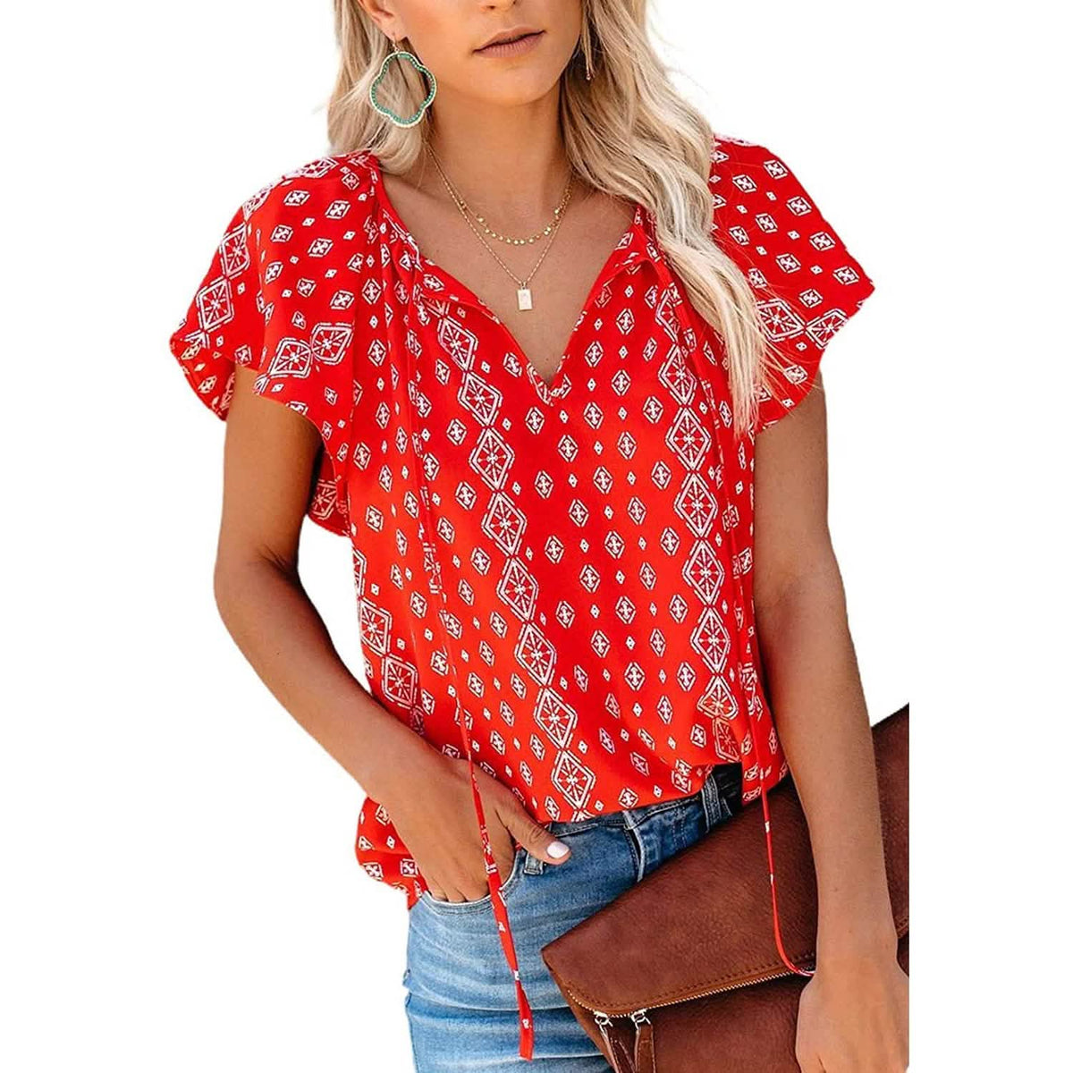 Women's Casual Boho Floral Printed V Neck Tops Drawstring Blouse