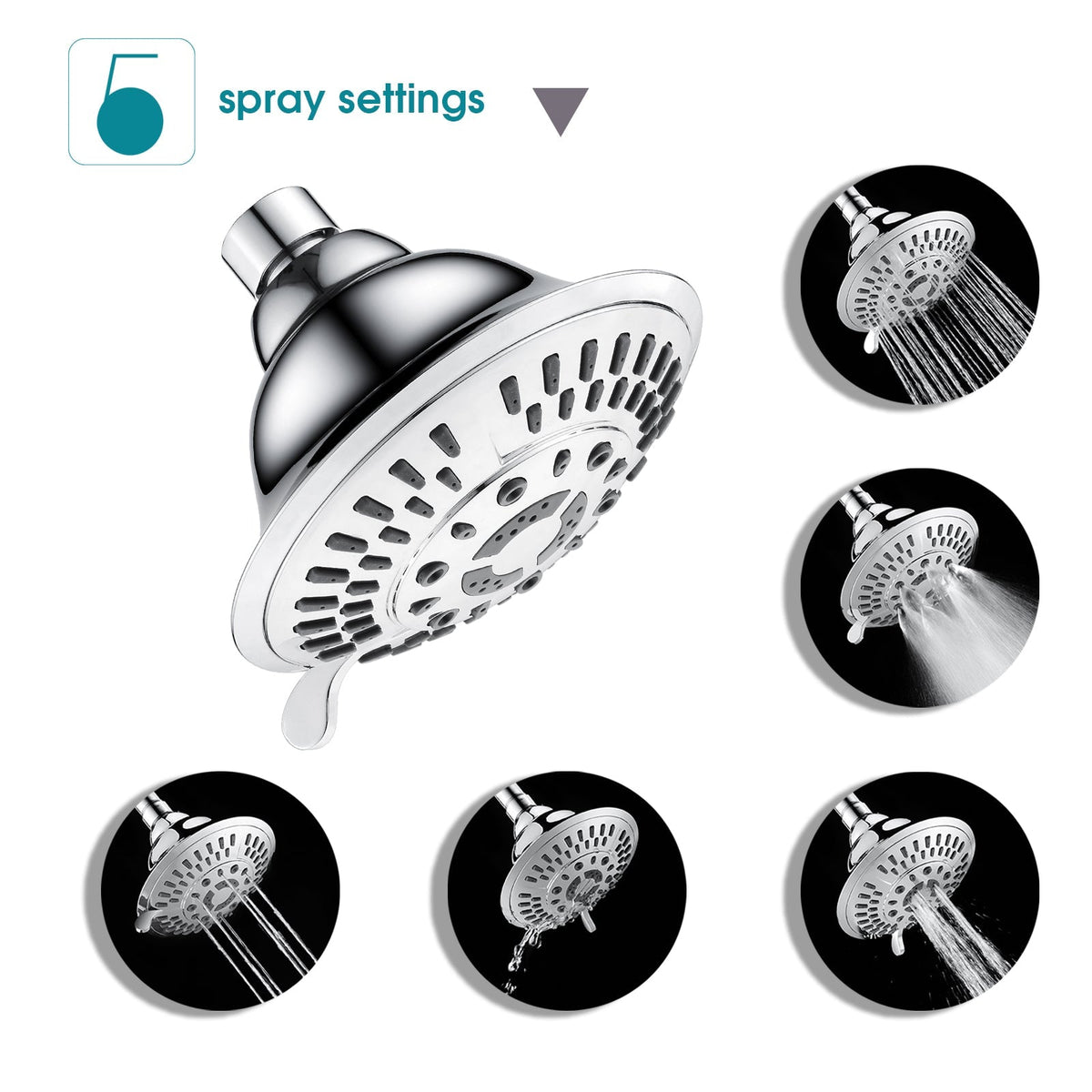 High Pressure 5-Spray Fixed Shower Head, Angle Adjustable