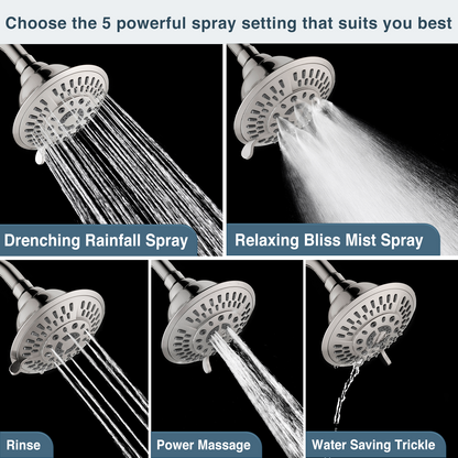 High Pressure 5-Spray Fixed Shower Head, Angle Adjustable