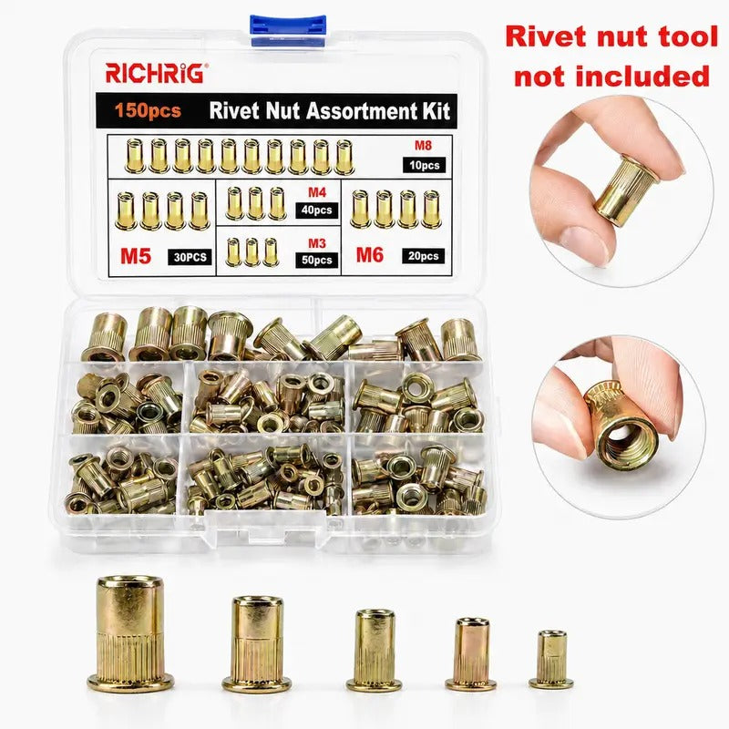 Manual Rivet Nut Tool Kit,M3 M4 M5 M6 M8 CarbonSteel Rivnuts Set,Threaded Rivet NutRiveter for AutomotiveRepair & DIY Projects