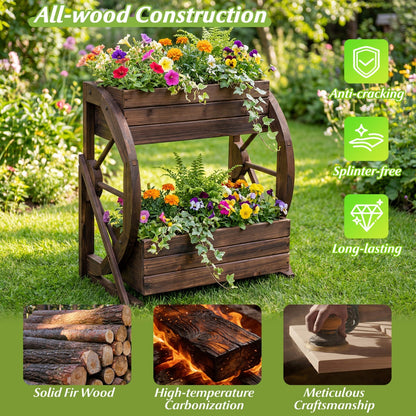 2-tier Raised Garden Bed Rustic Wood Wagon Planter with Drainage Holes and Semi-wheels