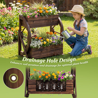 2-tier Raised Garden Bed Rustic Wood Wagon Planter with Drainage Holes and Semi-wheels