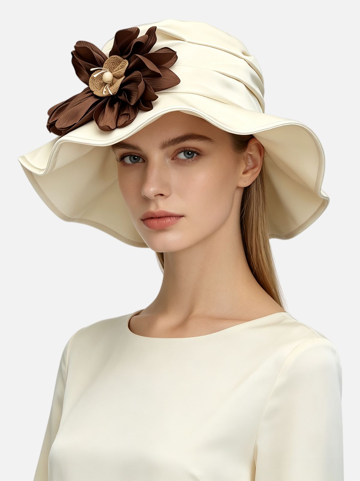 Floral Appliqué Ruched Wide Brim Hat