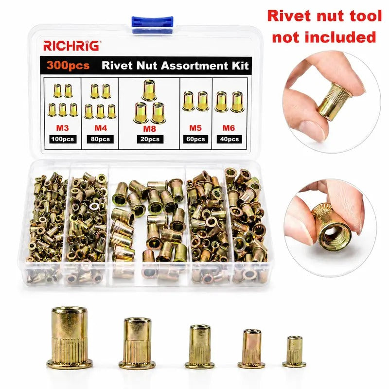 Manual Rivet Nut Tool Kit,M3 M4 M5 M6 M8 CarbonSteel Rivnuts Set,Threaded Rivet NutRiveter for AutomotiveRepair & DIY Projects