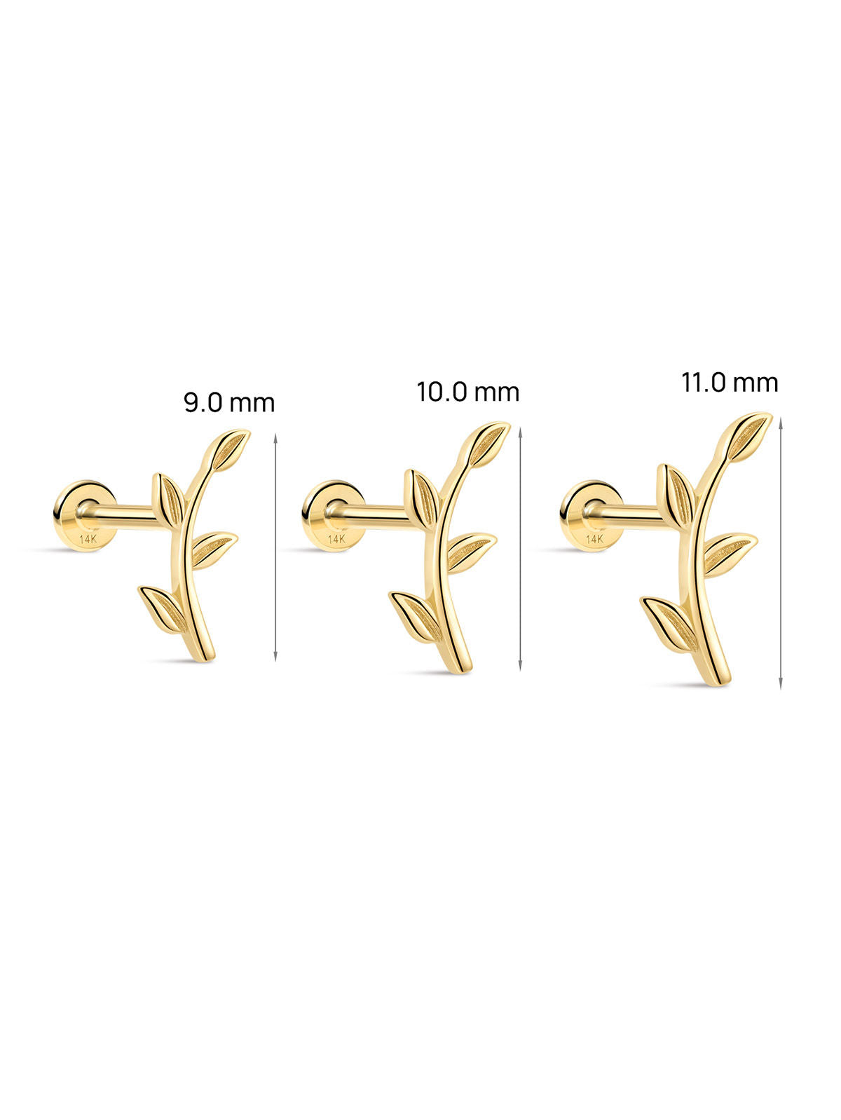 KOSINER 14K Solid Gold Simple Leaf Flat Back Stud