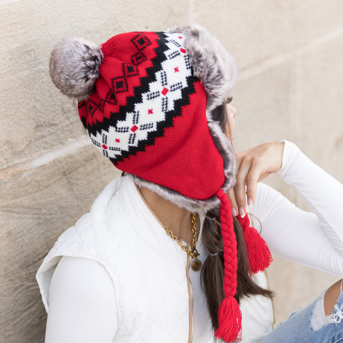 Fair Isle Pom Trapper Hat