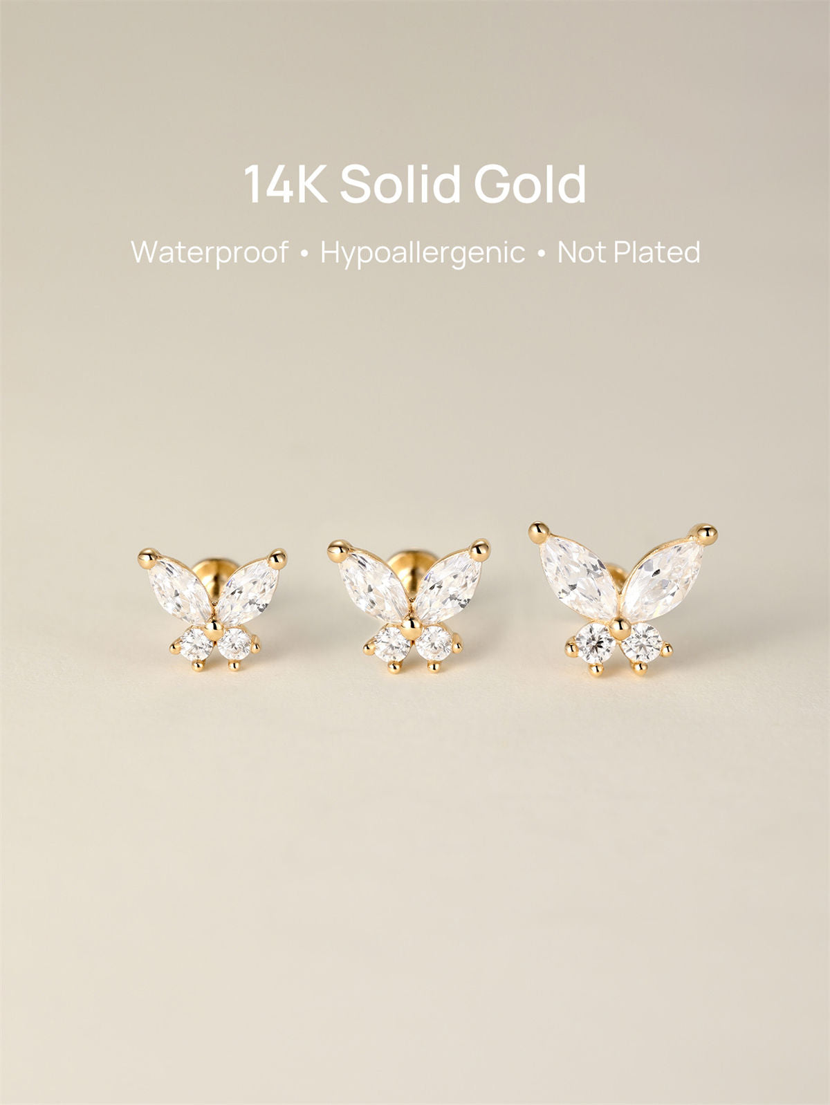 KOSINER 14K Solid Gold Delicate Butterfly Flat Back Stud