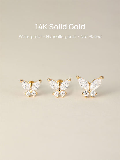 KOSINER 14K Solid Gold Delicate Butterfly Flat Back Stud