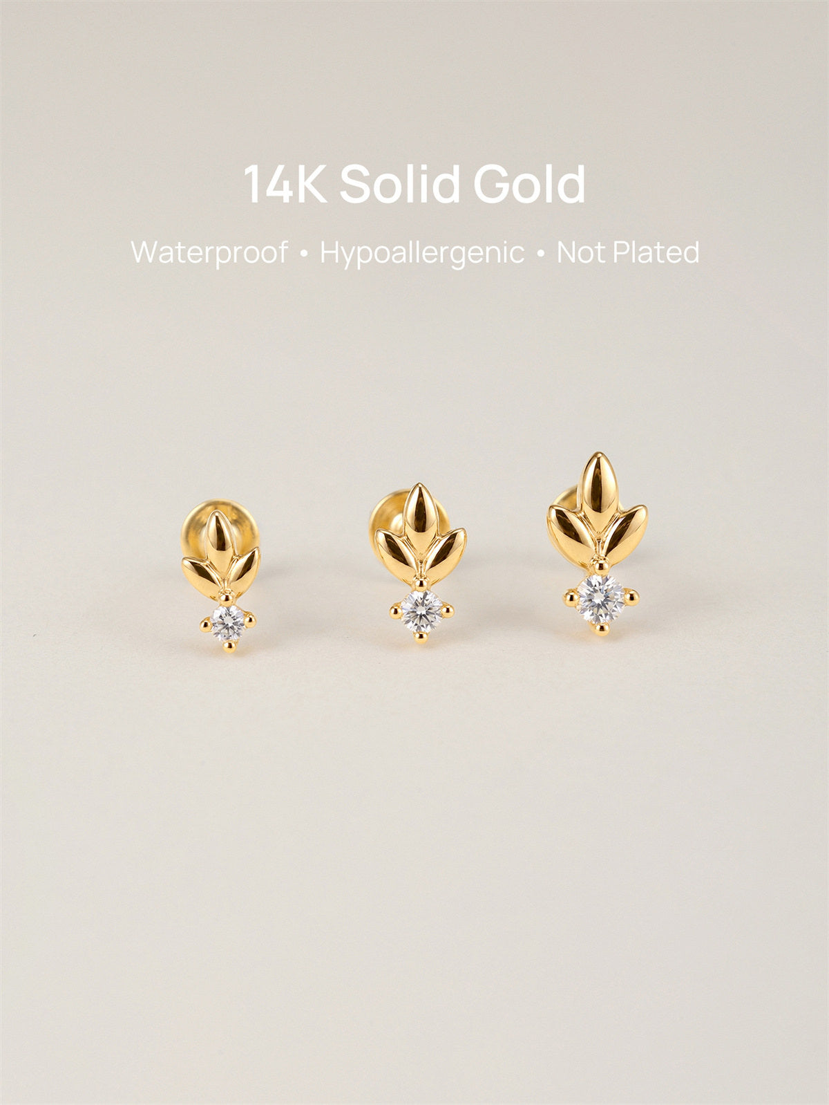KOSINER 14K Solid Gold Minimalist Leaf Flat Back Stud