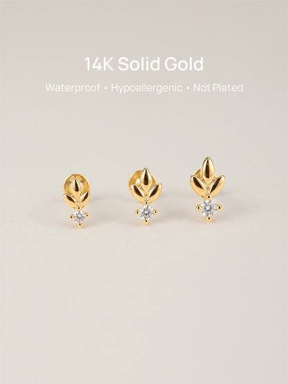 KOSINER 14K Solid Gold Minimalist Leaf Flat Back Stud