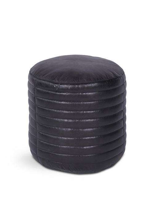 Round Leather Pouffe in Charcoal