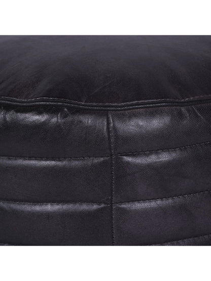 Round Leather Pouffe in Charcoal