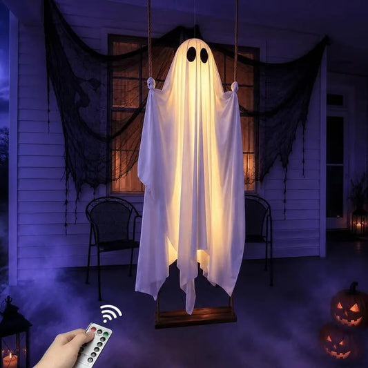 5FT Hanging Ghost Halloween Decoration with Remote Control String Lights, Scary Swinging Ghost for Outdoor Tree, Porch, Yard & Garden