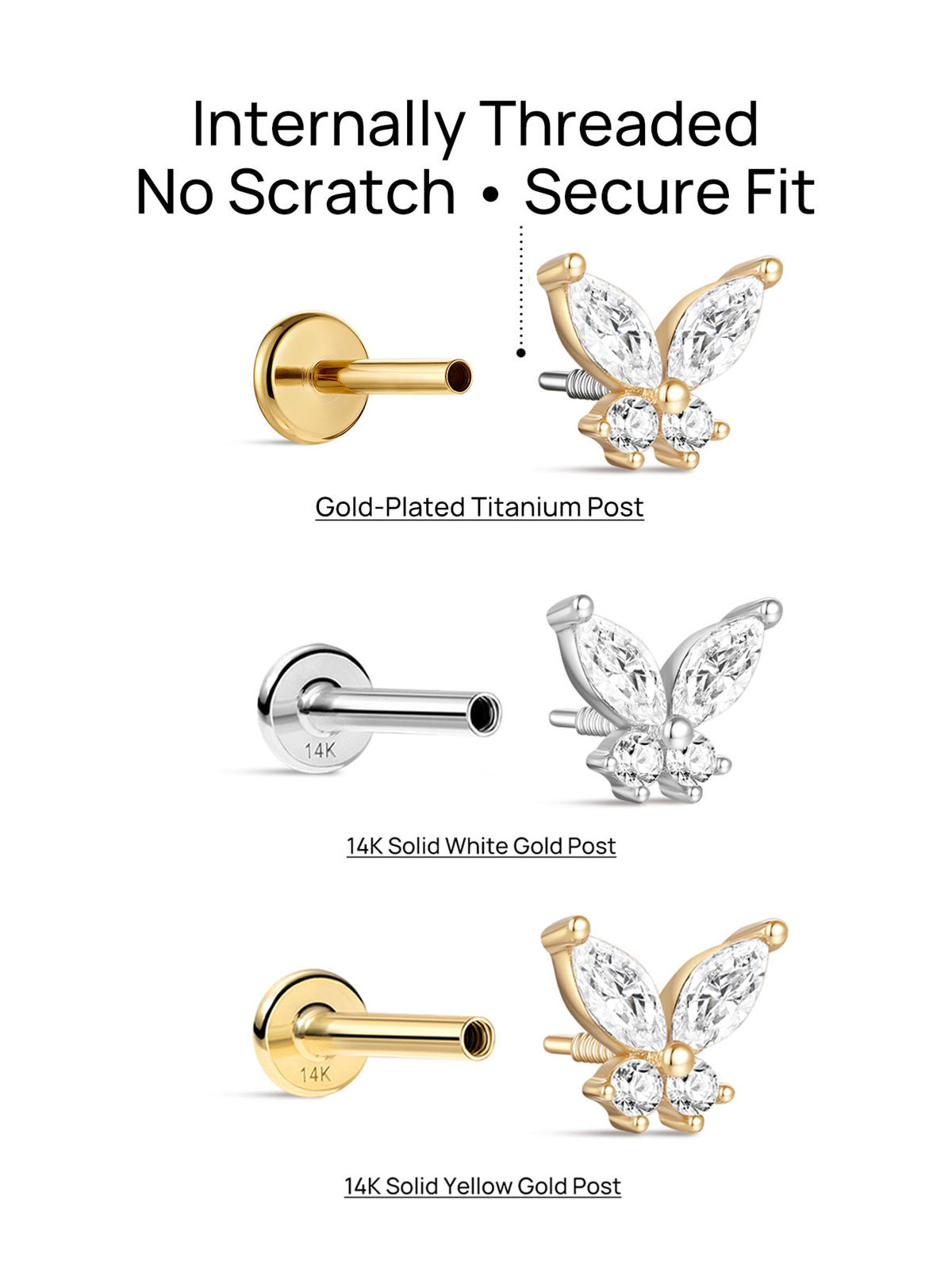 KOSINER 14K Solid Gold Delicate Butterfly Flat Back Stud