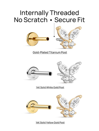 KOSINER 14K Solid Gold Delicate Butterfly Flat Back Stud