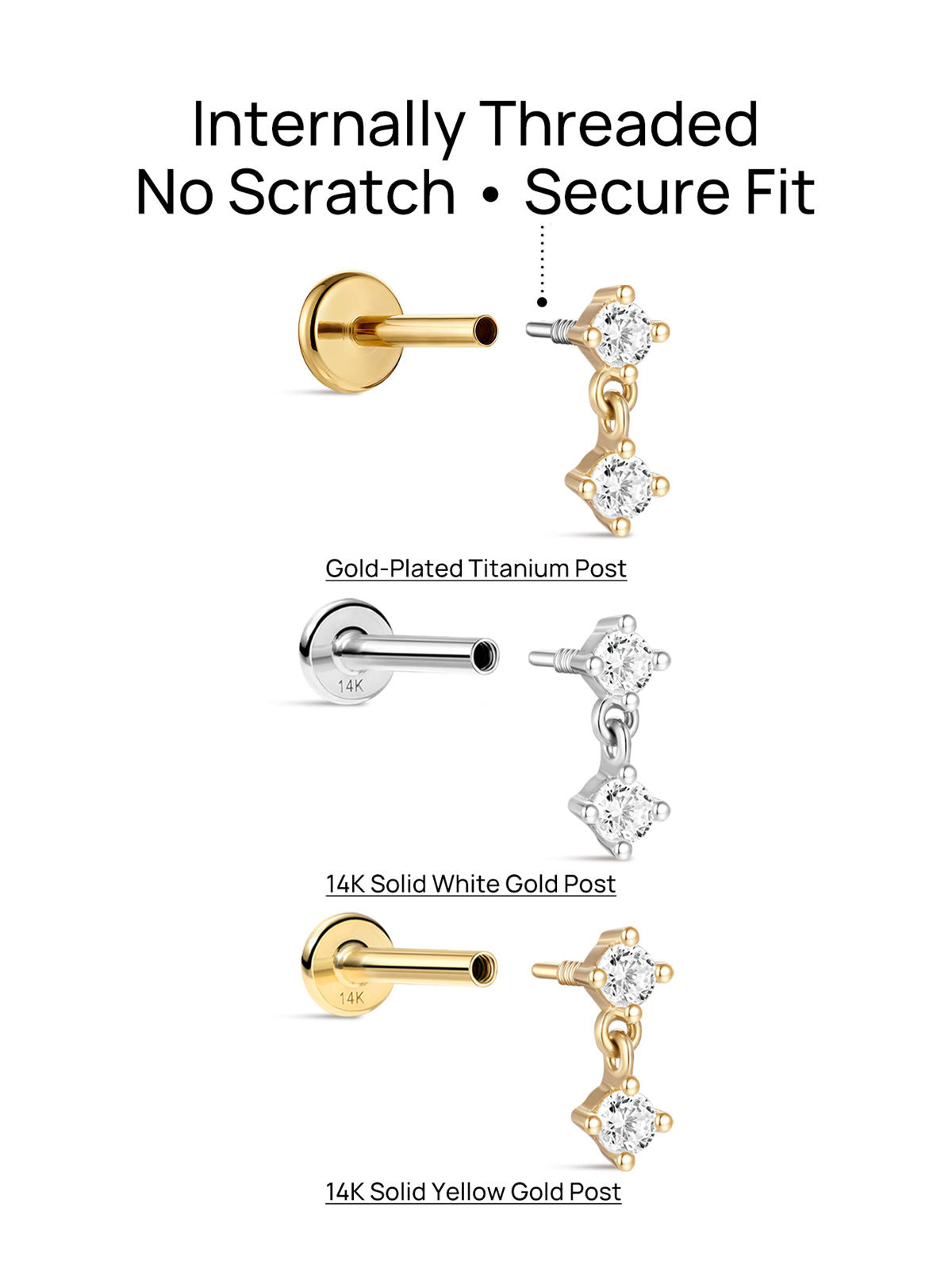 KOSINER 14K Solid Gold Minimalist Pendant Flat Back Stud