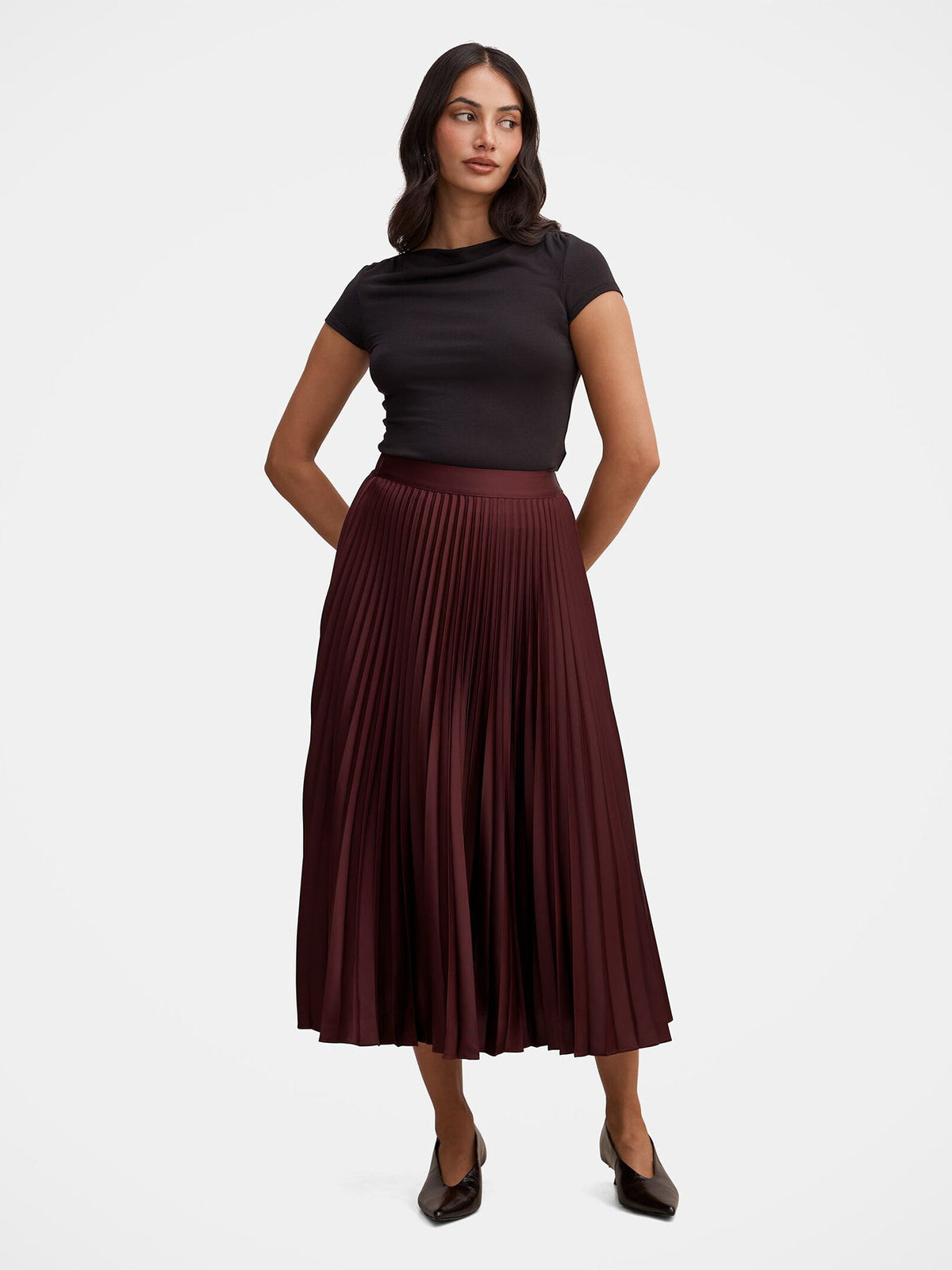 Ester Satin Pleated Skirt - Red Shiraz