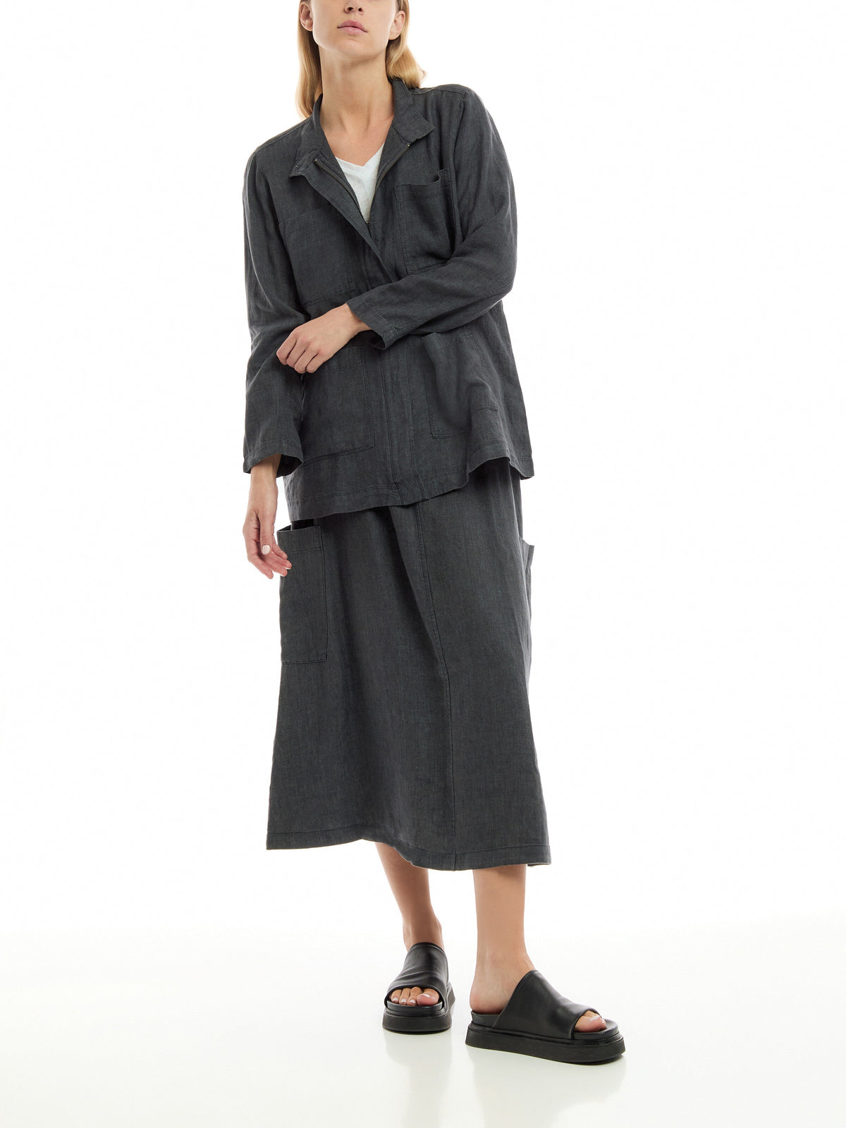 Washed Organic Linen Délavé Stand Collar Jacket