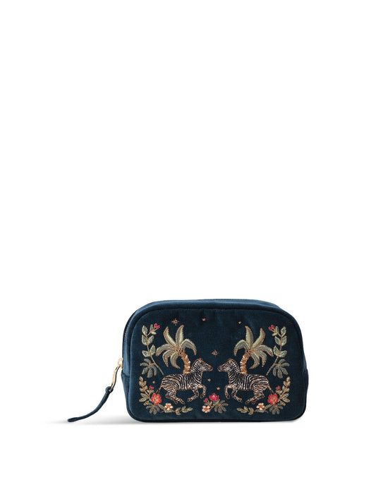 Zebra Wild Palm Navy Velvet Make-Up Bag