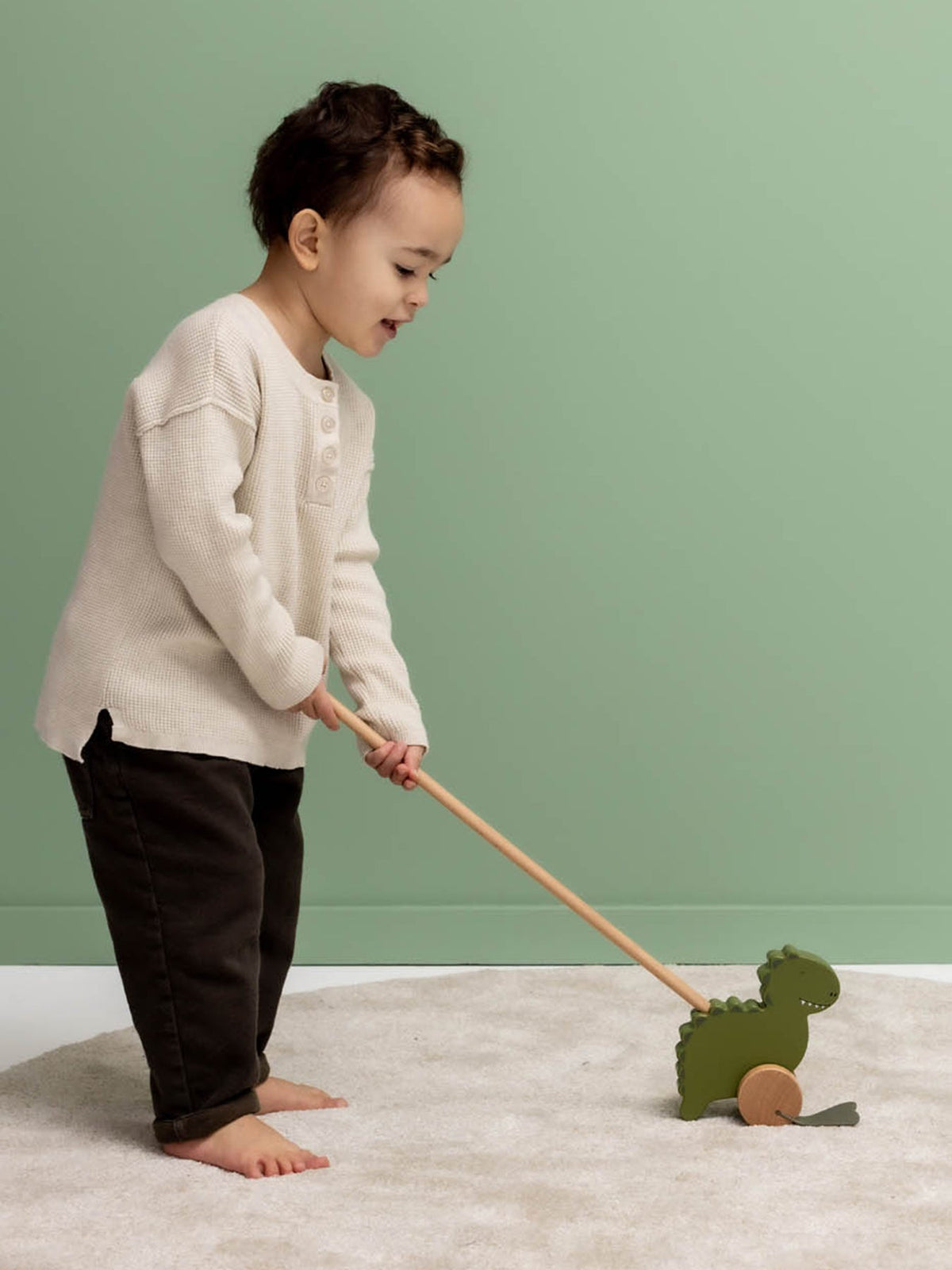 Wooden Push Along Toy Mr Dino Green