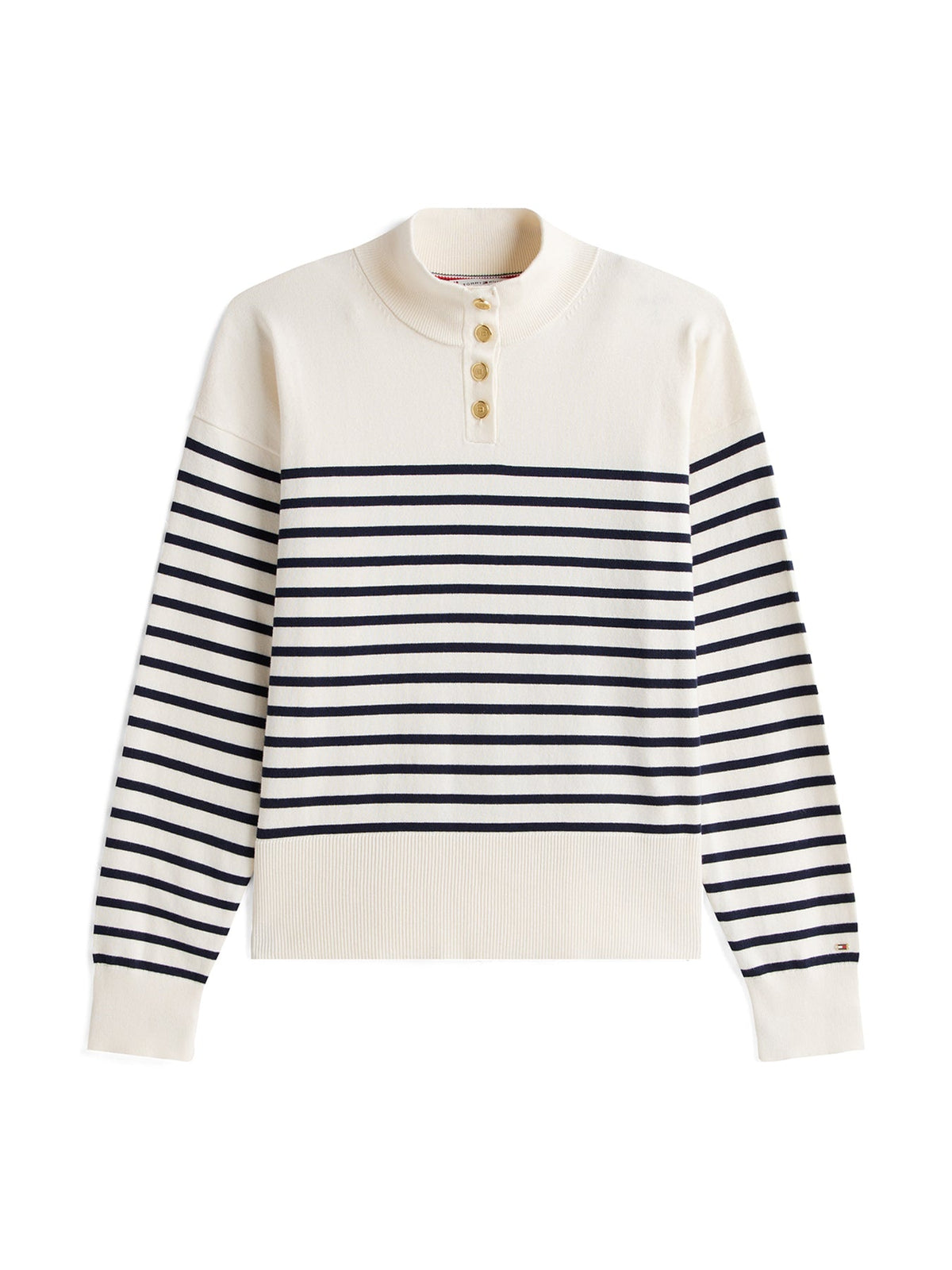 Stripe Gold-Tone Button Mock Neck Jumper