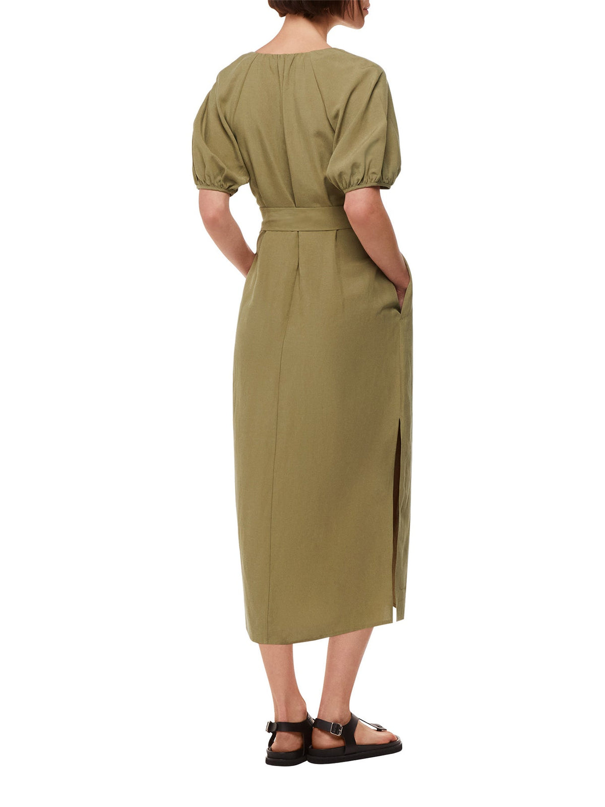 Khaki Ariella Linen Blend Midi Dress Khaki
