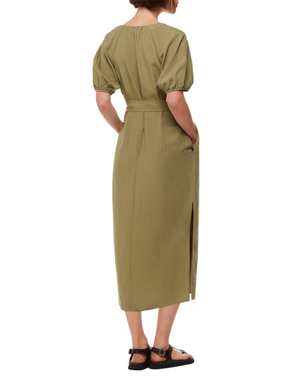 Khaki Ariella Linen Blend Midi Dress Khaki
