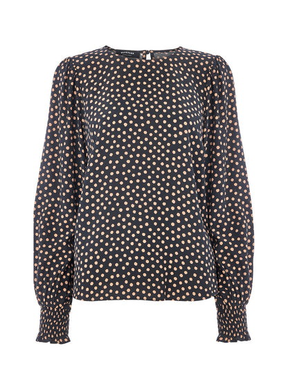 Spot Shirred Cuff Blouse Black