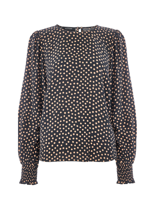 Spot Shirred Cuff Blouse Black