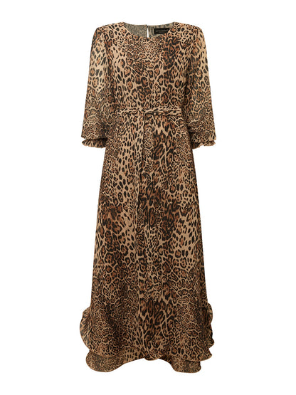 Leopard Wave Hem Maxi Dress Brown