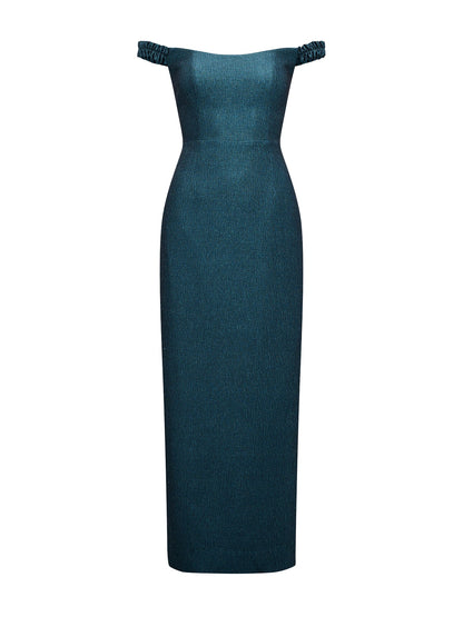 Mindy Bardot Ruffle Midi Dress Green