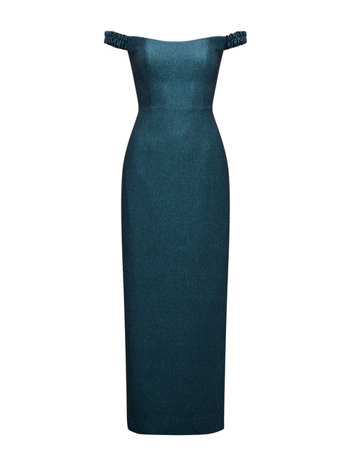 Mindy Bardot Ruffle Midi Dress Green