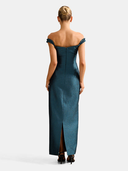 Mindy Bardot Ruffle Midi Dress Green