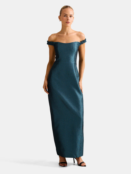 Mindy Bardot Ruffle Midi Dress Green