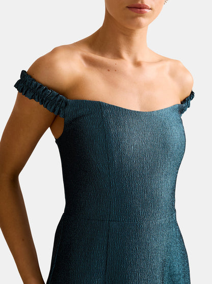 Mindy Bardot Ruffle Midi Dress Green