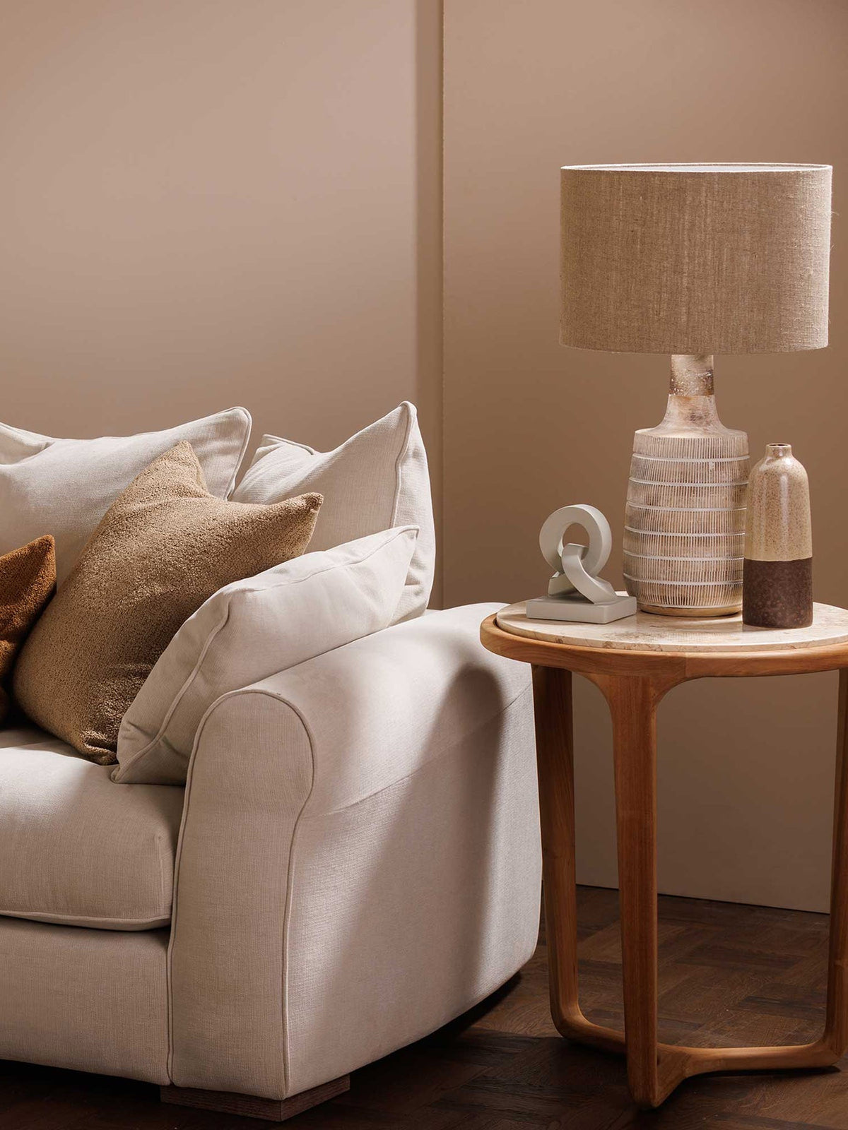 Terza Teak Wood Round Side Table with Marble Top Neutral