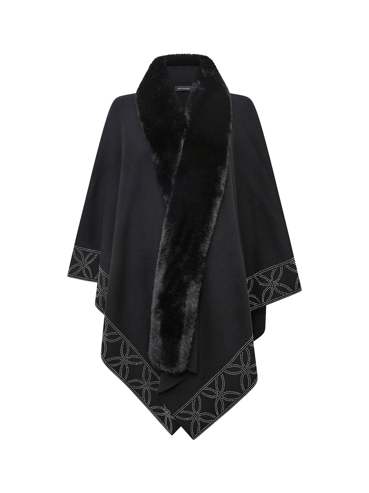 Crystal Edge Faux Fur Poncho Black