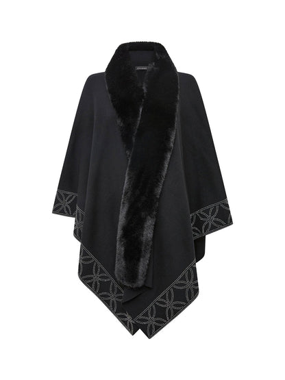 Crystal Edge Faux Fur Poncho Black