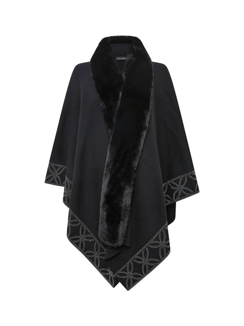 Crystal Edge Faux Fur Poncho Black