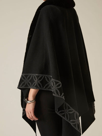 Crystal Edge Faux Fur Poncho Black