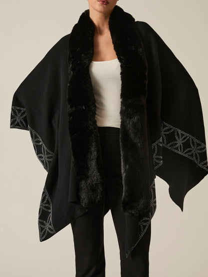 Crystal Edge Faux Fur Poncho Black