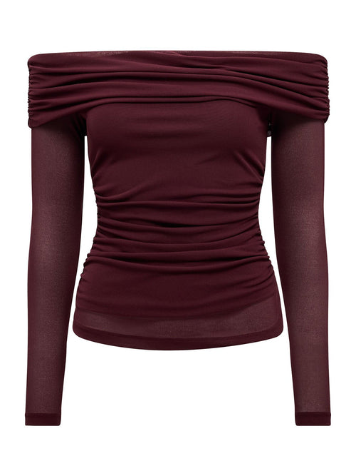 Kaia Ruched Mesh Bardot Neck Top Red