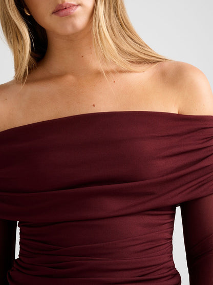 Kaia Ruched Mesh Bardot Neck Top Red
