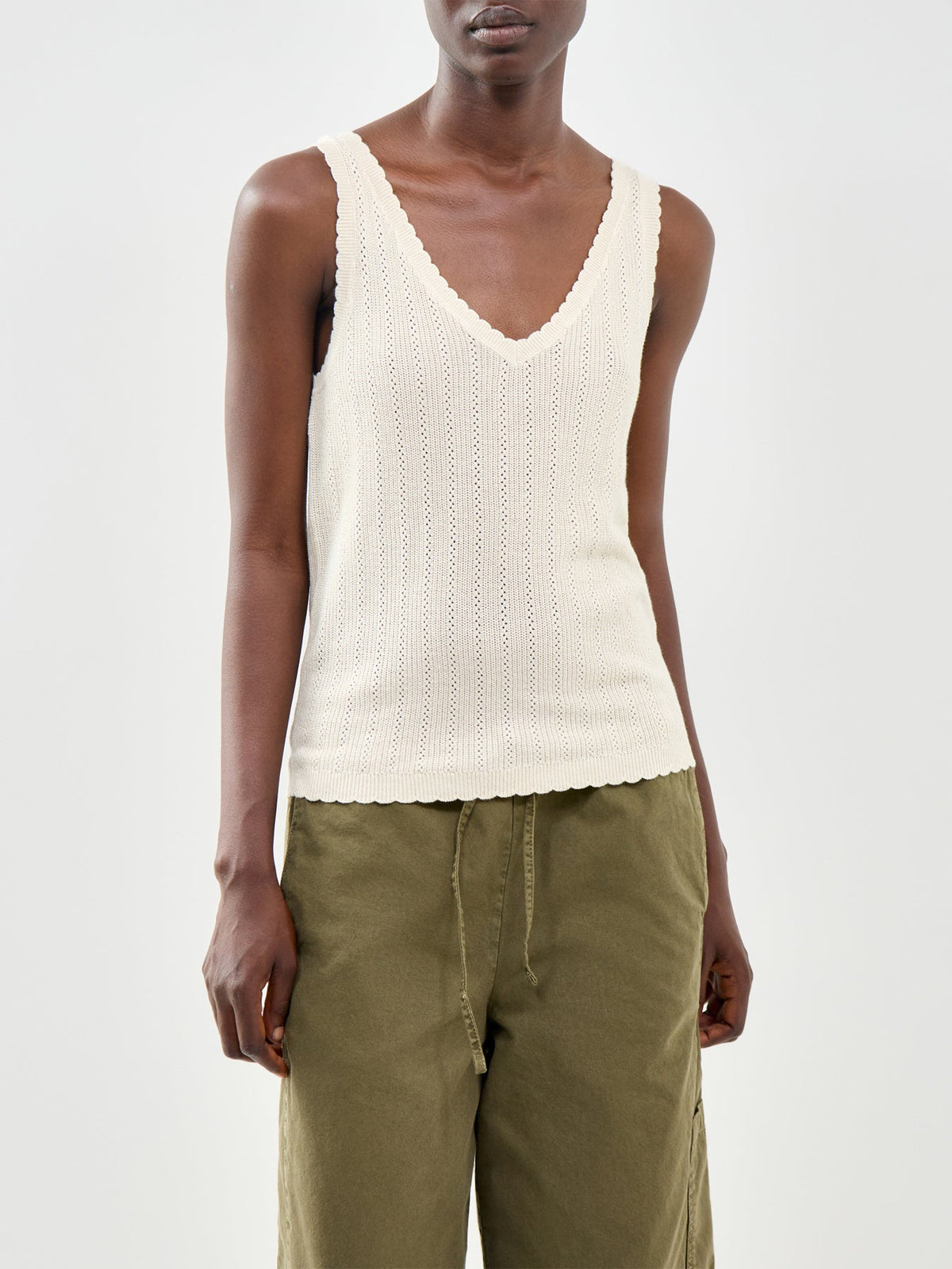 Pointelle V-Neck Tank Top Beige