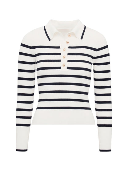 Sasha Ribbed Knitted Polo T-shirt Mono Stripe