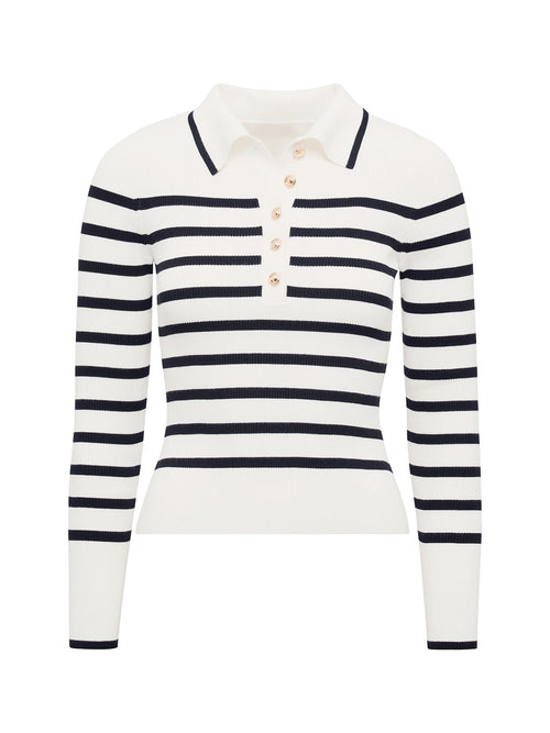 Sasha Ribbed Knitted Polo T-shirt Mono Stripe