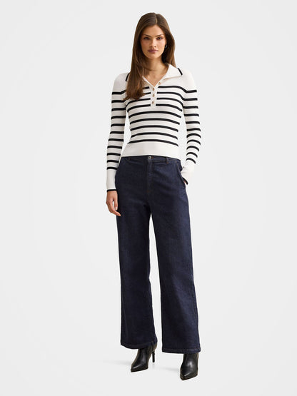 Sasha Ribbed Knitted Polo T-shirt Mono Stripe